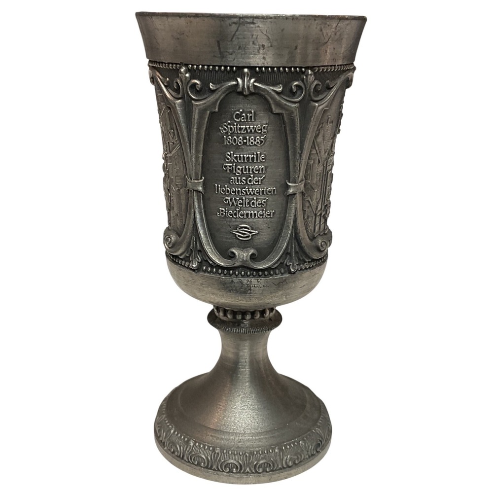 Vintage‎ German Pewter Mini Goblet 3" Zinn Gothic City Scene Chalice Souvenir